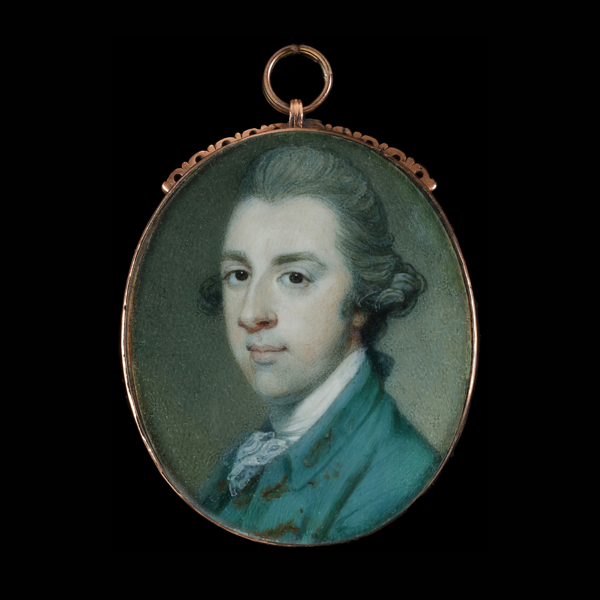 Portrait miniature of a Gentleman, wearing green coat with gold details, white stock and lace cravat, his hair powdered grey and worn 'en queue'